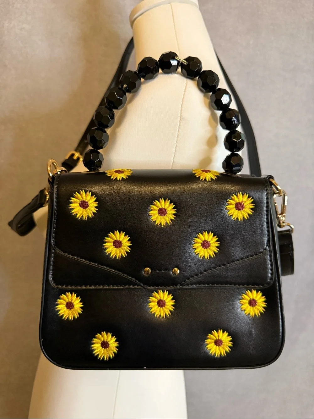Skinnydip London Sunflower Embroidered Beaded Handle Crossbody Bag Black Floral